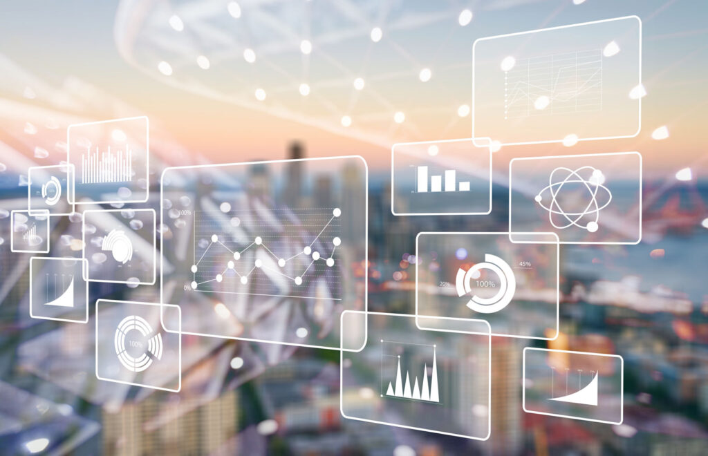 Leijuvat digitaaliset data-elementit, joiden taustalla näkyy kaupunkimaisema.