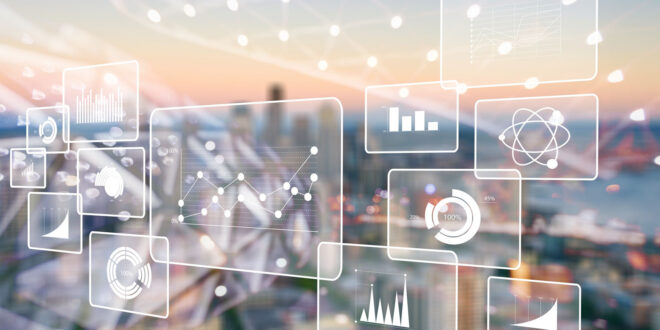 Leijuvat digitaaliset data-elementit, joiden taustalla näkyy kaupunkimaisema.